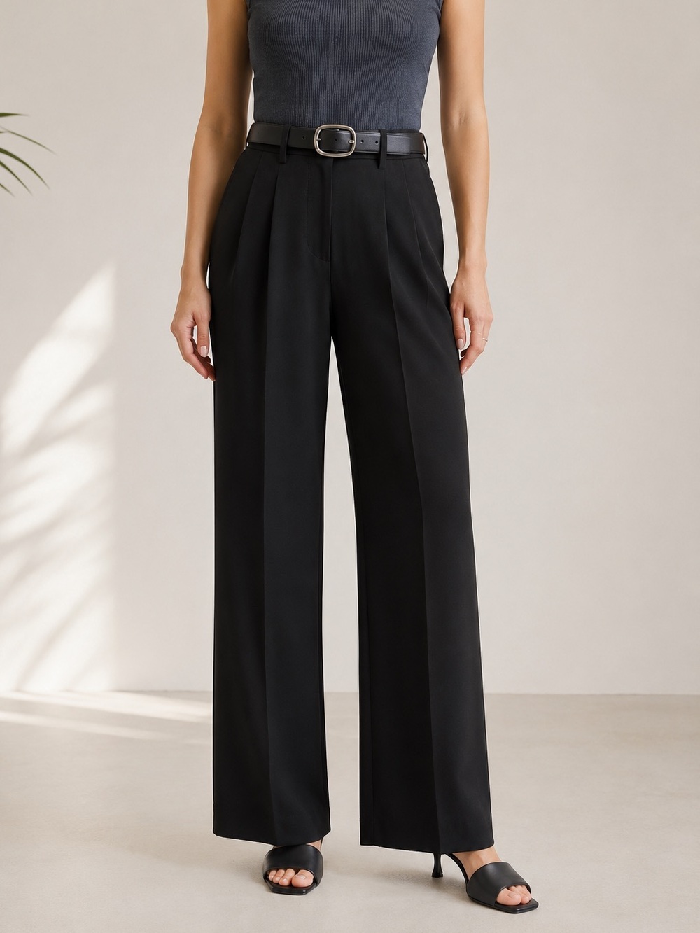 Quince Stretch Crepe Pleated Wide Leg Pants Black Size 8 NWOT Capsule Wardrobe
